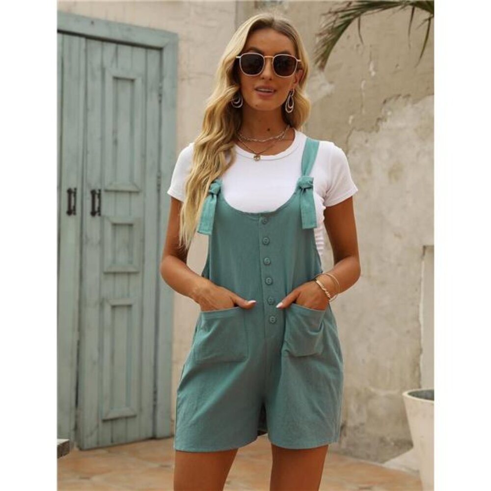 Women's Casual Summer Cotton Linen Rompers Overalls Jumpsuit Shorts - Picture 3 of 7